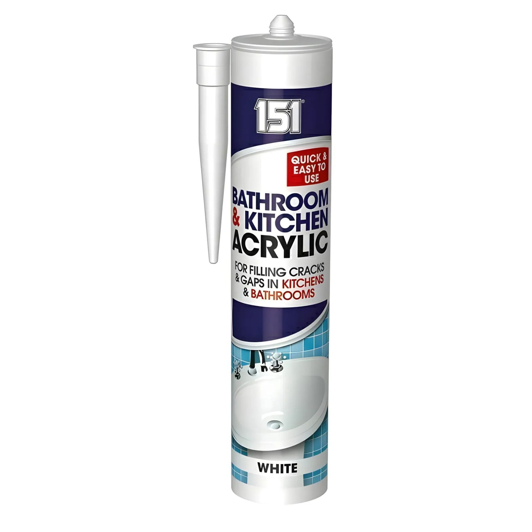 A 280ml tube of 151 Bathroom and Kitchen Acrylic Sealant in white, ideal for filling cracks and gaps in kitchens and bathrooms, includes an applicator nozzle. A 280ml tube of 151 Bathroom and Kitchen Acrylic Sealant in white, ideal for filling cracks and gaps in kitchens and bathrooms, includes an applicator nozzle.