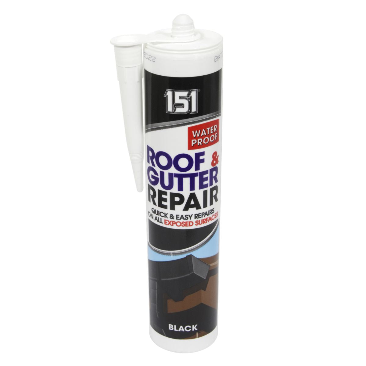 A bottle of 151 - Roof & Gutter Repair Black Cartridge - 280ml. A bottle of 151 - Roof & Gutter Repair Black Cartridge - 280ml.