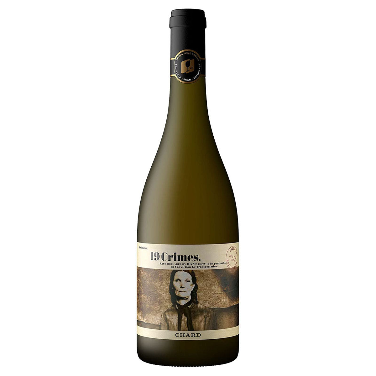 A 19 Crimes - Chardonnay (13% ABV) - 750ml with a picture of a woman.