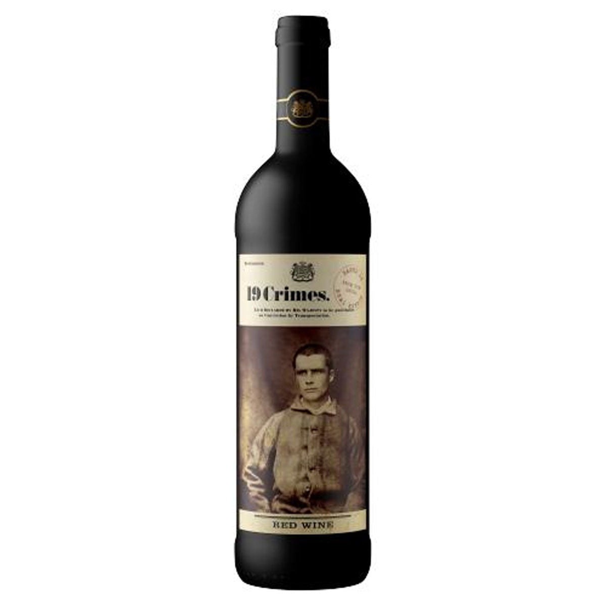 A bottle of 19 Crimes - Red Wine (13.5% ABV) - 750ml with an image of a baseball player.