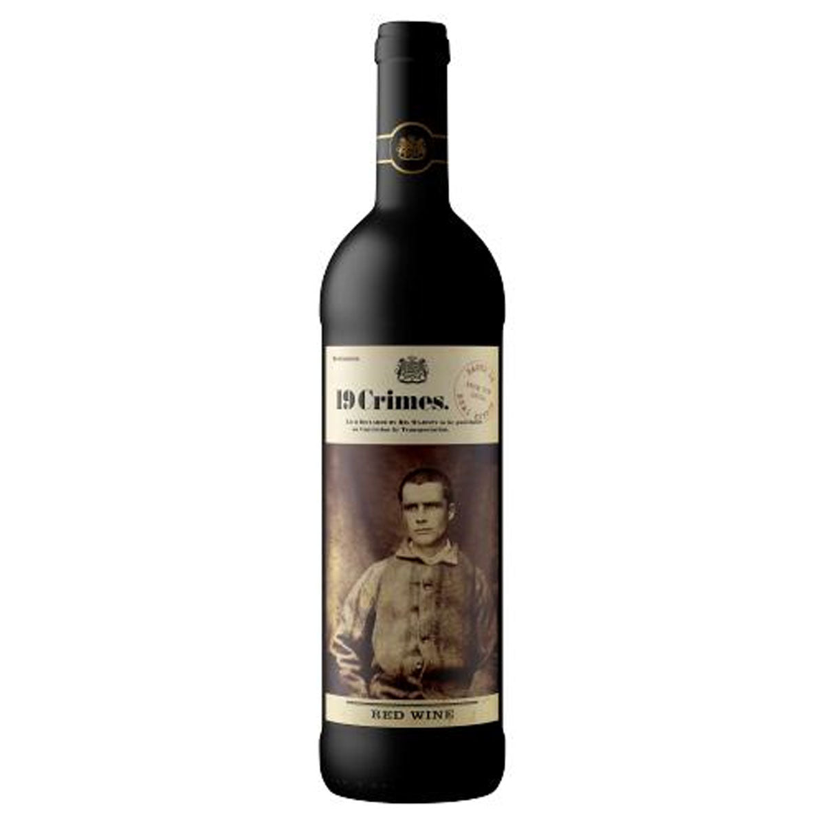 A bottle of 19 Crimes - Red Wine (13.5% ABV) - 750ml with an image of a baseball player. A bottle of 19 Crimes - Red Wine (13.5% ABV) - 750ml with an image of a baseball player.