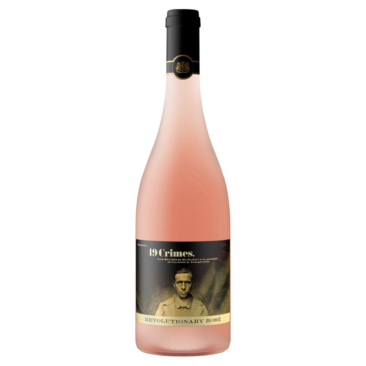 A bottle of 19 Crimes - Revolutionary Rose (13.5% ABV) - 750ml with an image of a man. A bottle of 19 Crimes - Revolutionary Rose (13.5% ABV) - 750ml with an image of a man.