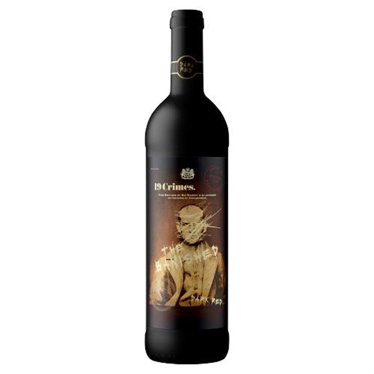 A bottle of 19 Crimes - The Banished Dark Red Wine (13.5% ABV) - 750ml with an image of a man on it.