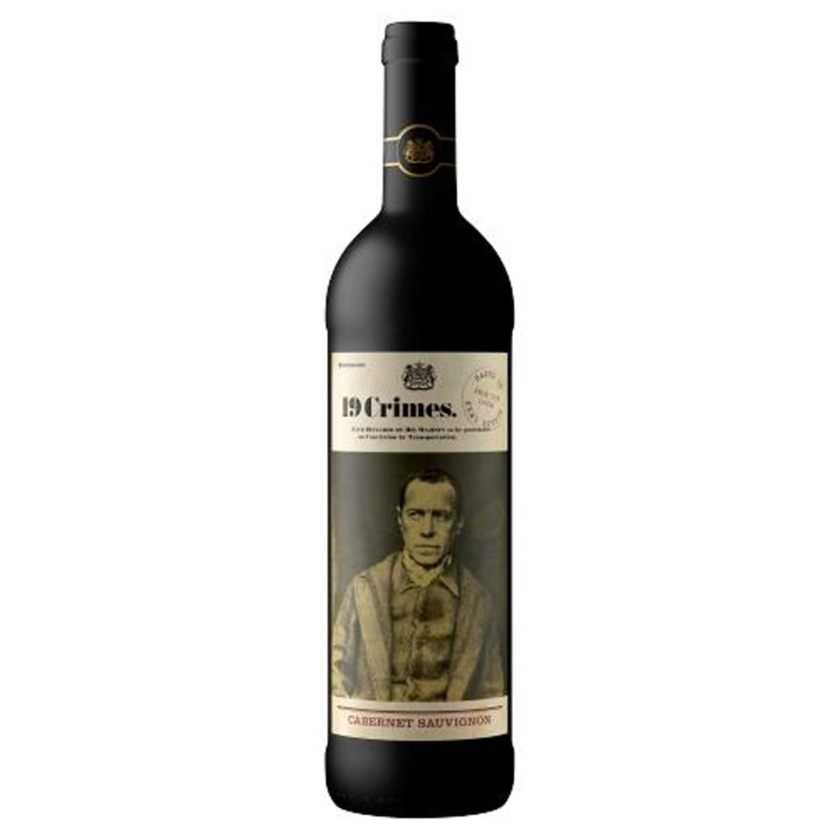 A bottle of 19 Crimes - Cabernet Sauvignon (13% ABV) - 750ml with a picture of a man. A bottle of 19 Crimes - Cabernet Sauvignon (13% ABV) - 750ml with a picture of a man.