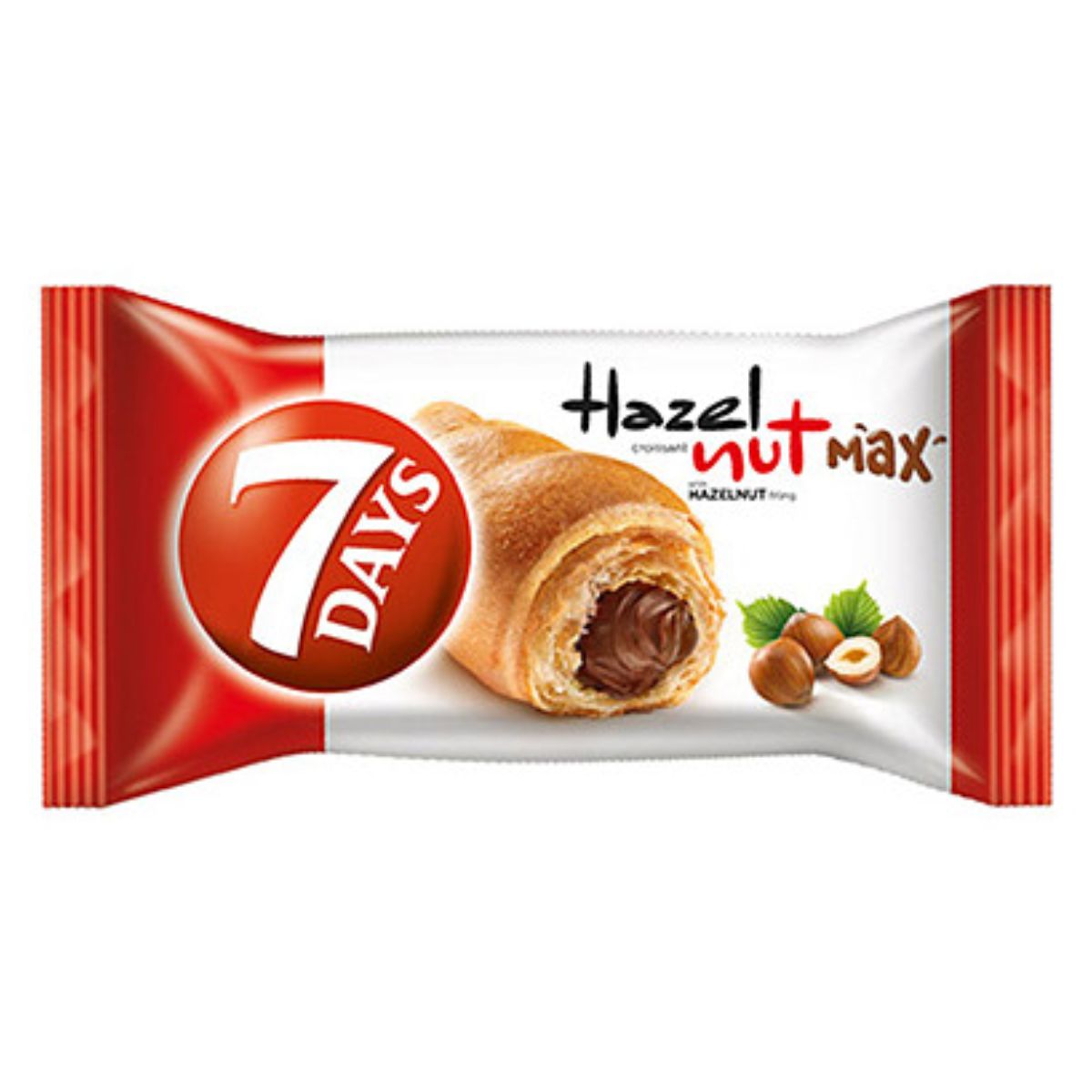 Packaged hazelnut-flavored cream-filled croissant named "7 Days - Croissant Hazelnut Max - 80g".