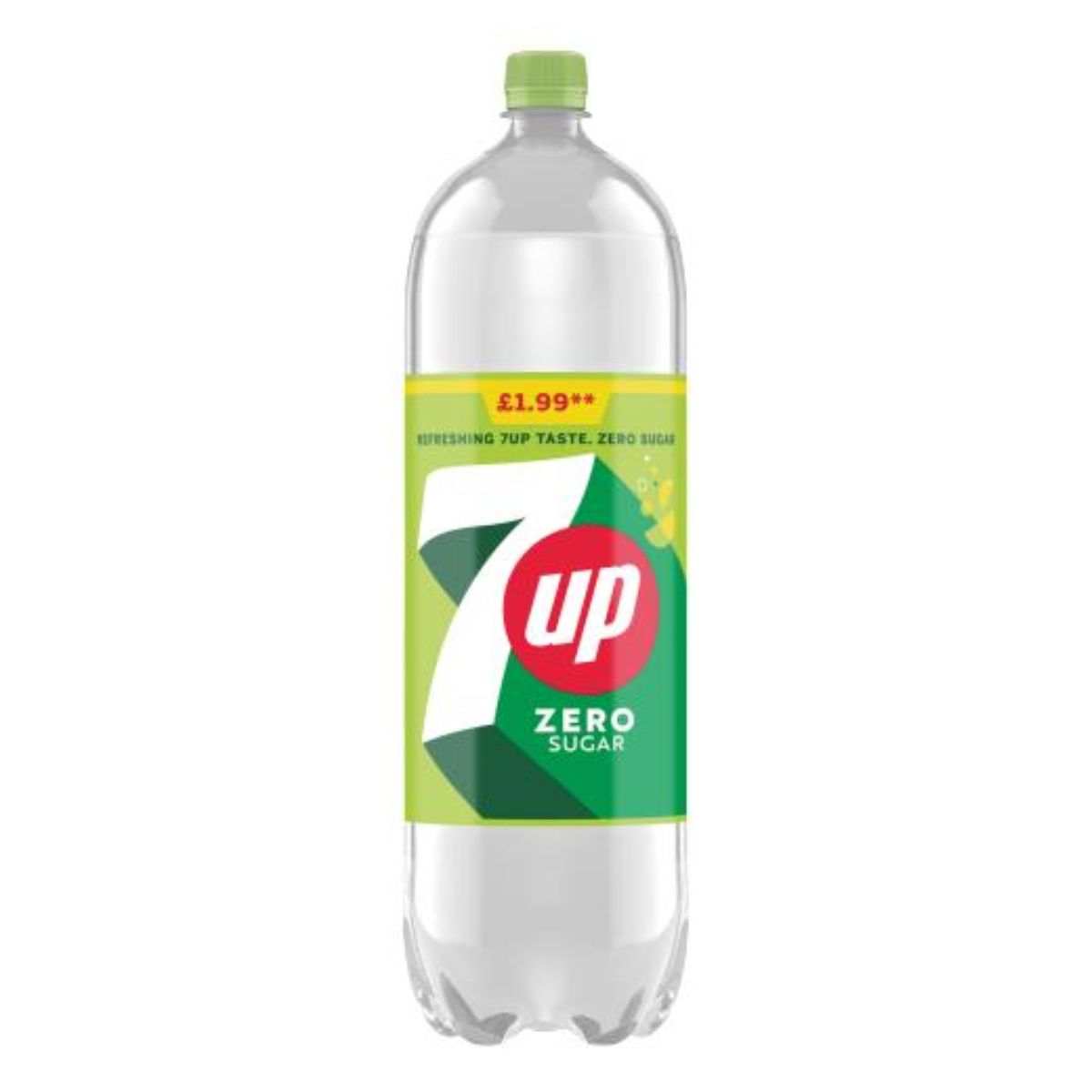 A bottle of 7up - Zero Sugar - 2L water on a white background. A bottle of 7up - Zero Sugar - 2L water on a white background.