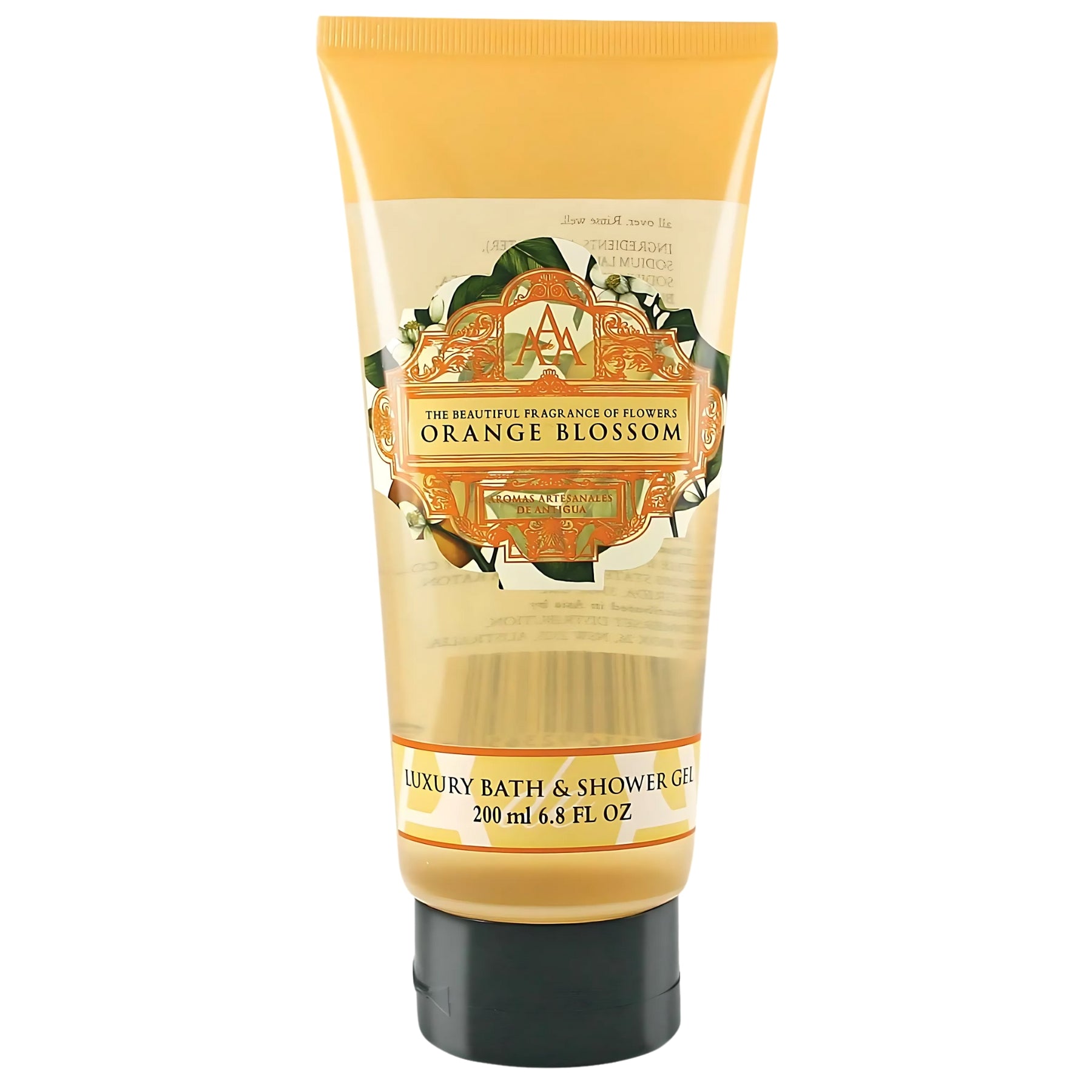 A 200ml tube of AAA - Orange Blossom Luxury Bath & Shower Gel features an ornate orange and gold label design. A 200ml tube of AAA - Orange Blossom Luxury Bath & Shower Gel features an ornate orange and gold label design.