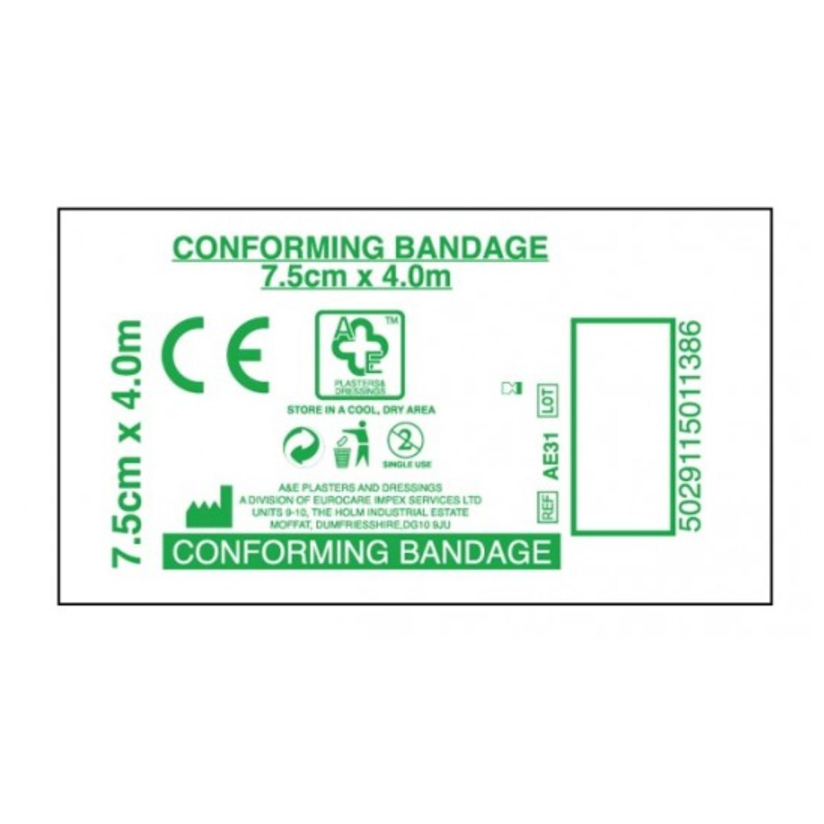 A white wrapper labeled "A&E - Conforming Bandage - 4m x 7.5cm" features green text, symbols, and storage instructions. A white wrapper labeled "A&E - Conforming Bandage - 4m x 7.5cm" features green text, symbols, and storage instructions.