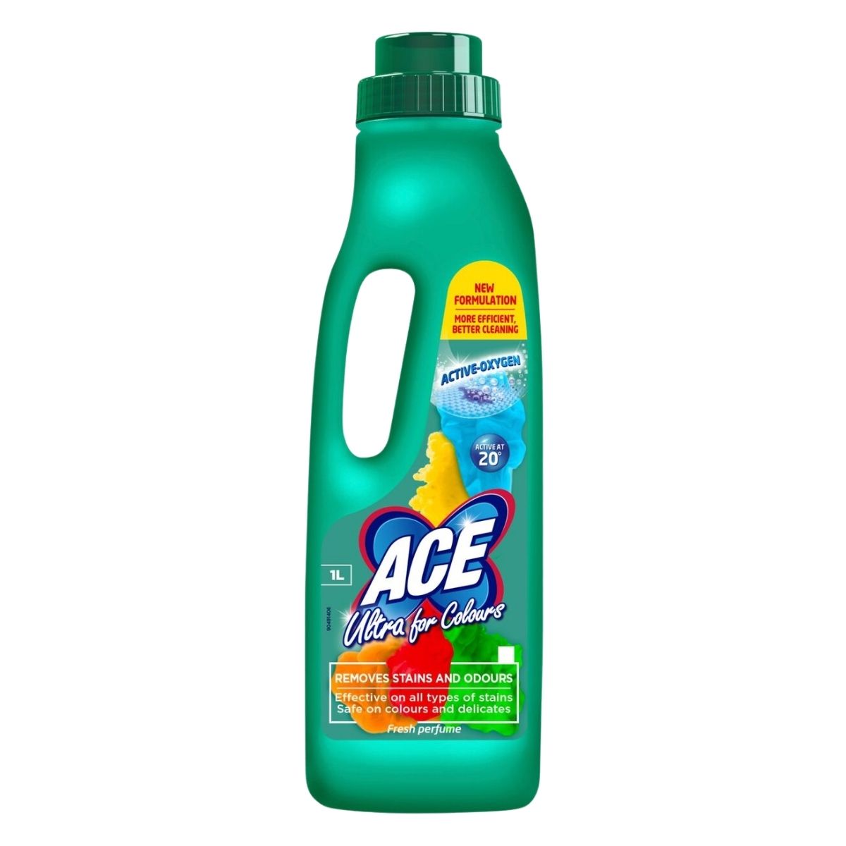 A 1L bottle of Ace Detergent Ultra For Colours, featuring powerful stain removal and odour control, in green with yellow and blue label accents. A 1L bottle of Ace Detergent Ultra For Colours, featuring powerful stain removal and odour control, in green with yellow and blue label accents.