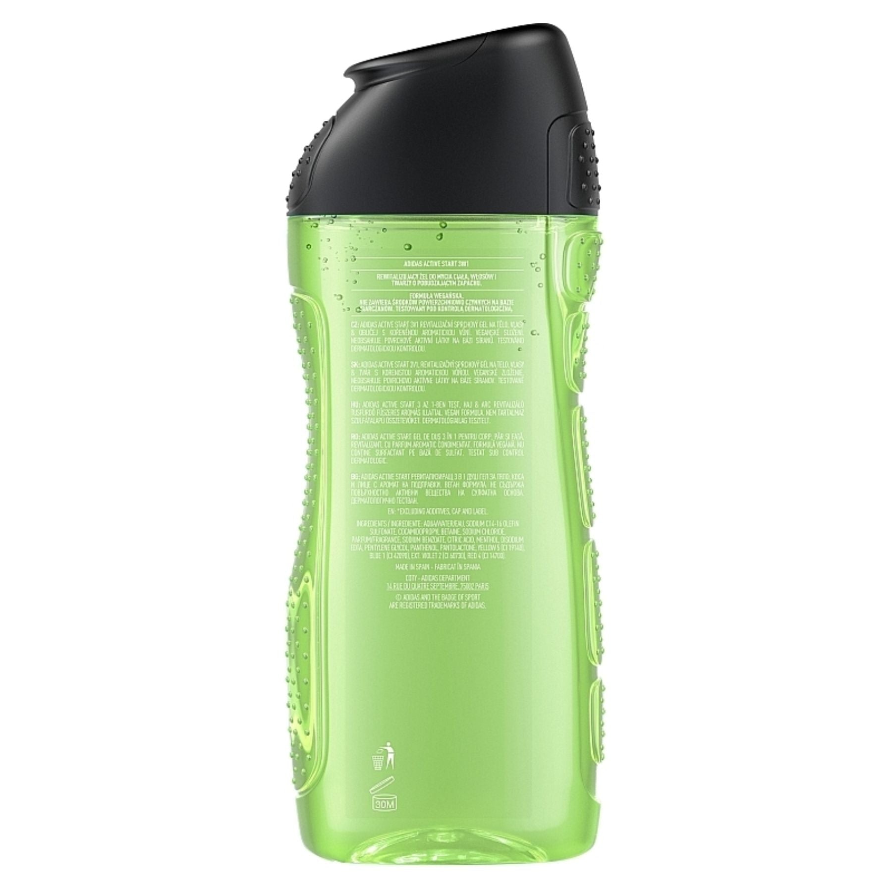 A green plastic bottle with a black flip-top cap and white text on the back label—ideal packaging for Adidas - Active Start Shower Gel - 250ml. A green plastic bottle with a black flip-top cap and white text on the back label—ideal packaging for Adidas - Active Start Shower Gel - 250ml.