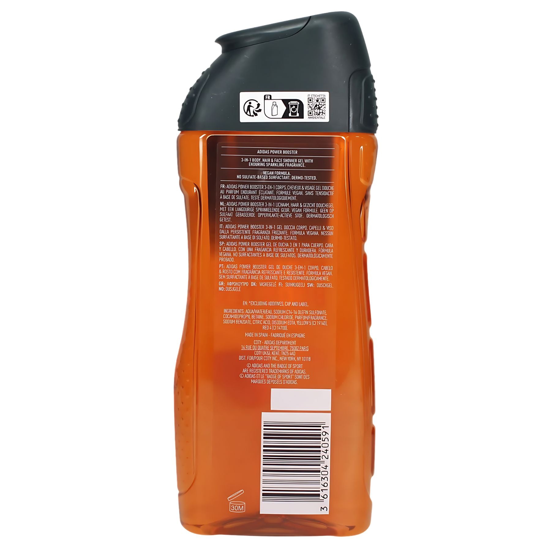 An orange Adidas Power Booster Shower Gel 250ml bottle with a black cap is shown from the back, featuring detailed product information and a barcode for this energizing body wash. An orange Adidas Power Booster Shower Gel 250ml bottle with a black cap is shown from the back, featuring detailed product information and a barcode for this energizing body wash.