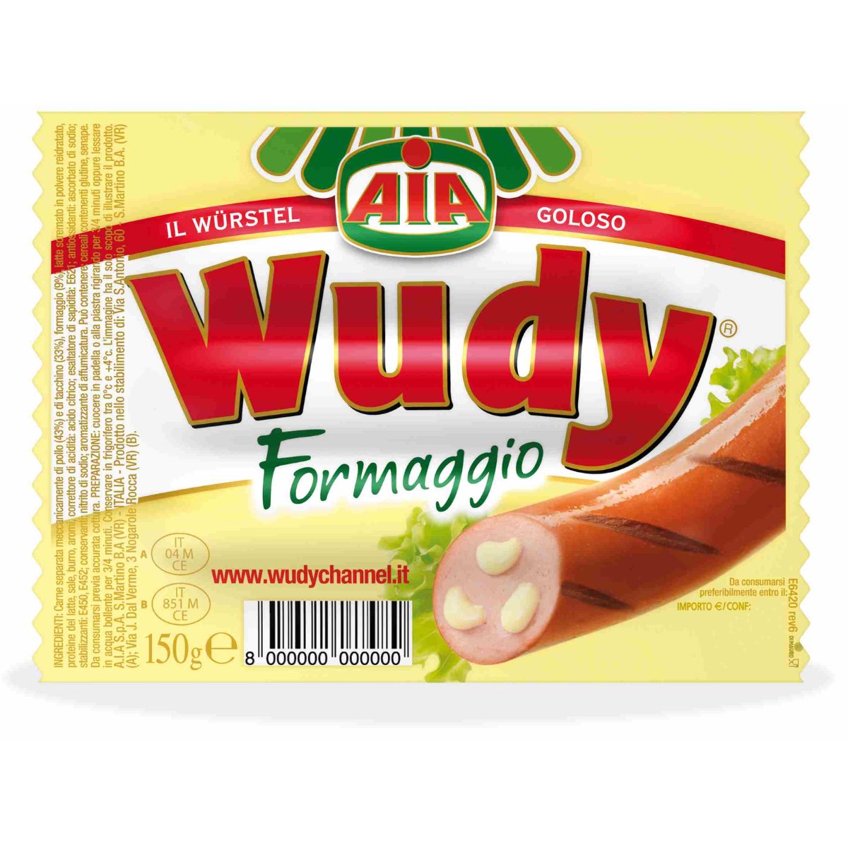 A package of Aia - Wudy Sausage With Cheese - 150g on a white background.