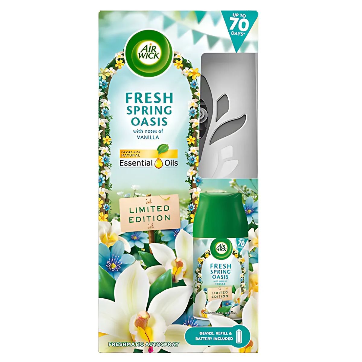 Air Wick - Freshmatic AutoSpray Fresh Spring Oasis 250ml limited edition kit with automatic spray and refill, featuring vanilla, essential oils, and odour neutraliser, shown in retail packaging. Air Wick - Freshmatic AutoSpray Fresh Spring Oasis 250ml limited edition kit with automatic spray and refill, featuring vanilla, essential oils, and odour neutraliser, shown in retail packaging.