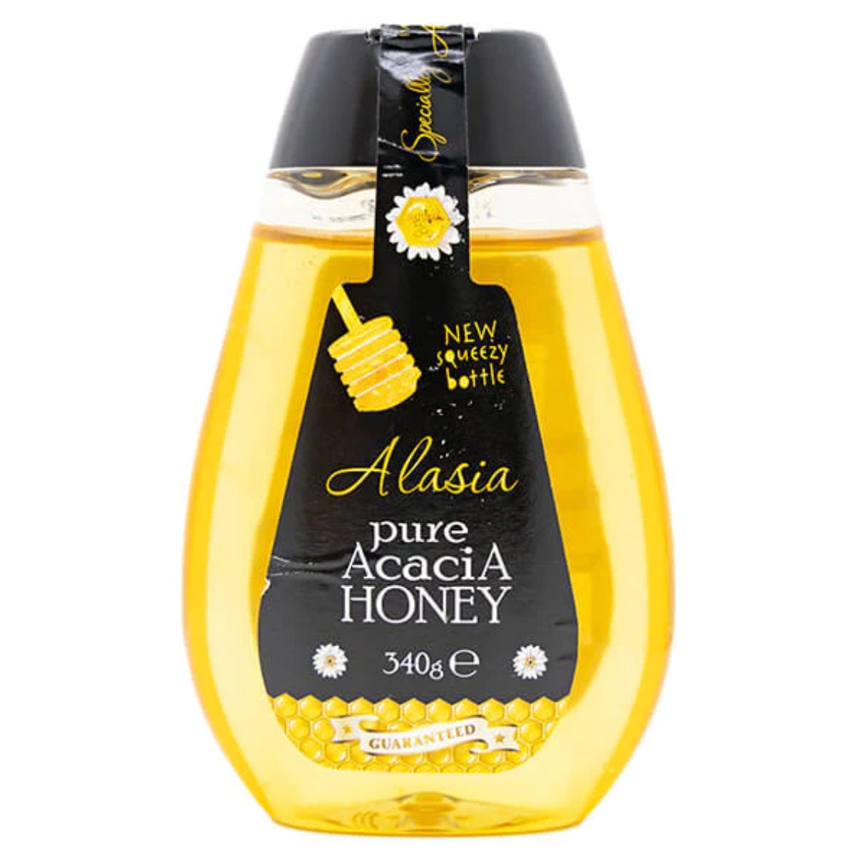 Bottle of Alacia - Pure Acacia Honey - 340g with a squeezable dispenser.