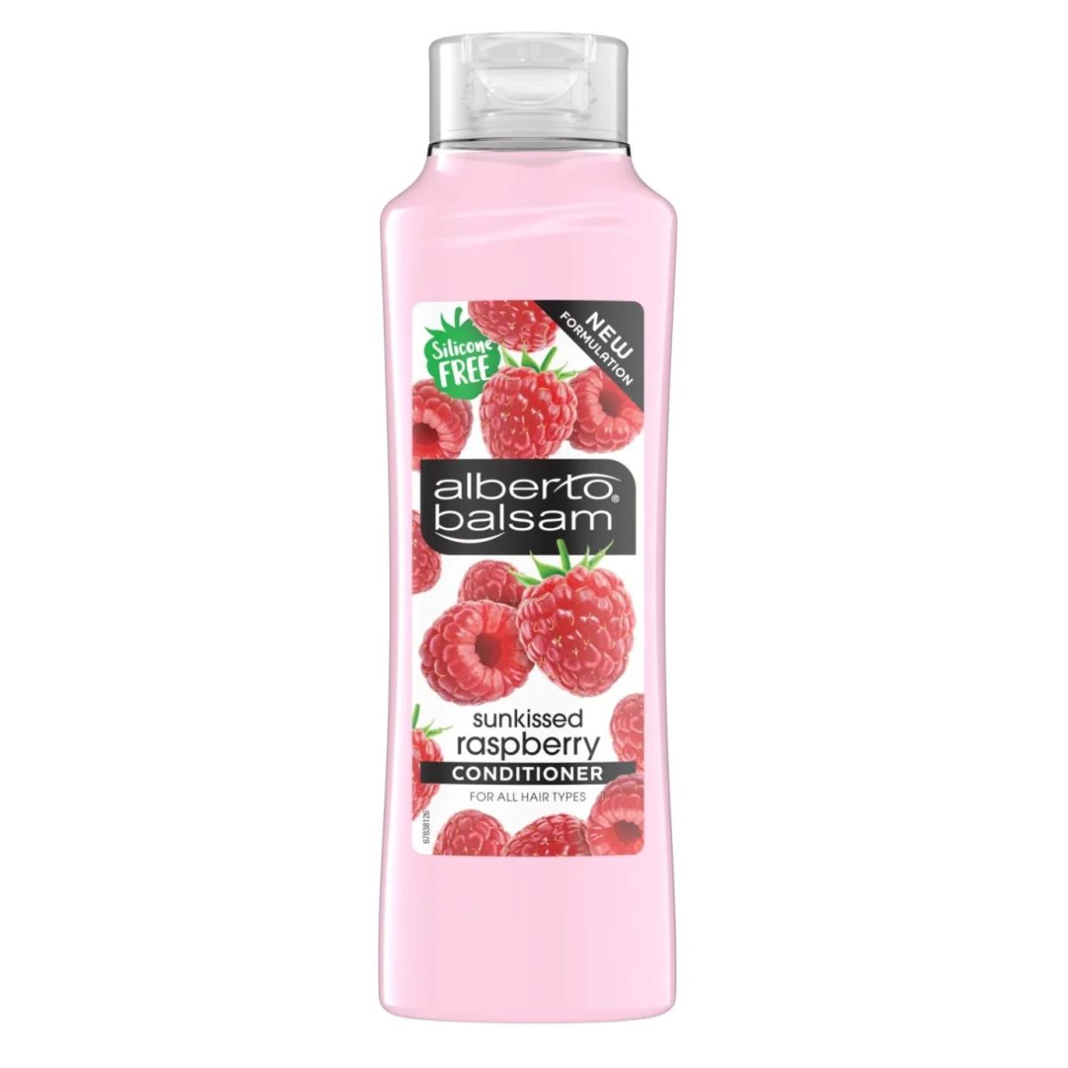 A bottle of Alberto Balsam - Conditioner - 350ml, labeled "silicone free" with images of raspberries, suitable for all hair types.