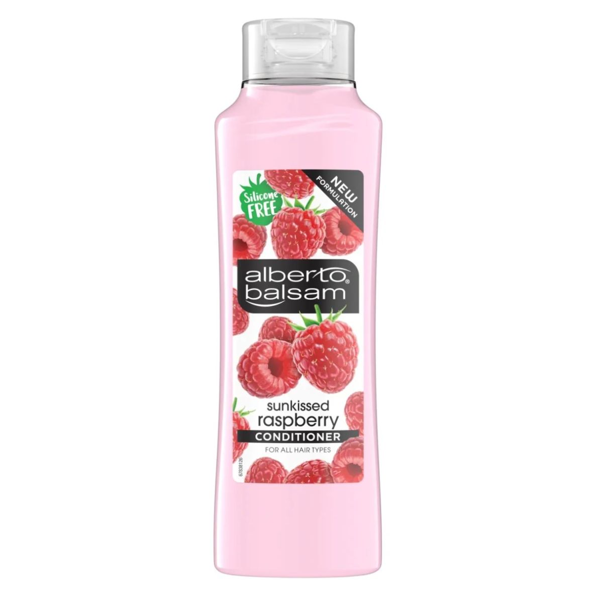 A bottle of Alberto Balsam - Conditioner - 350ml, labeled "silicone free" with images of raspberries, suitable for all hair types. A bottle of Alberto Balsam - Conditioner - 350ml, labeled "silicone free" with images of raspberries, suitable for all hair types.