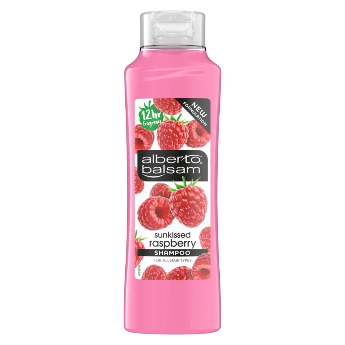 A bottle of Alberto Balsam - Raspberry Shampoo - 350ml with raspberries on it. A bottle of Alberto Balsam - Raspberry Shampoo - 350ml with raspberries on it.