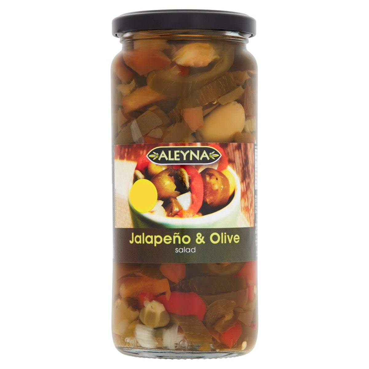 A jar of Aleyna - Jalapeno & Olive Salad - 480g on a white background. A jar of Aleyna - Jalapeno & Olive Salad - 480g on a white background.