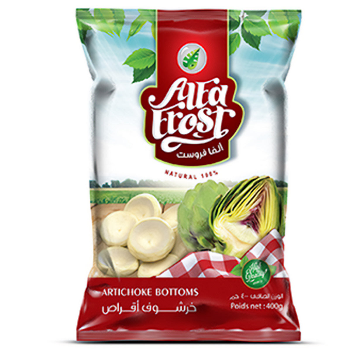 A bag with a bag of AlfaFrost - Artichoke - 400g chips.