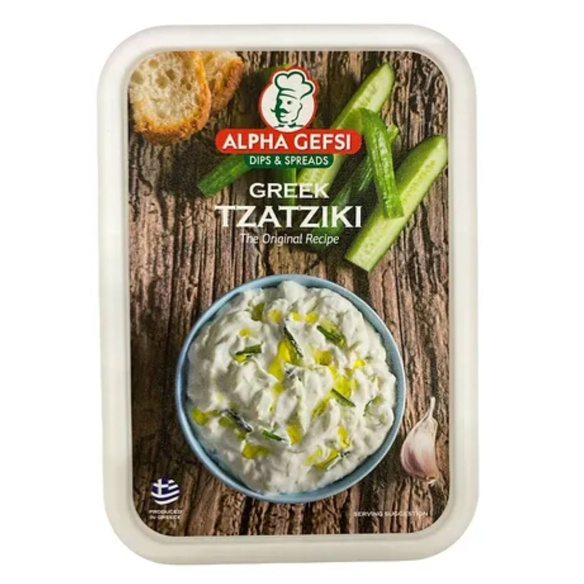 Packaged Alpha Gefsi - Tzatziki Dip - 200g in a bowl with cucumber slices, garlic, and a piece of bread on a wooden background, labeled "alpha gefsi dips & spreads.
