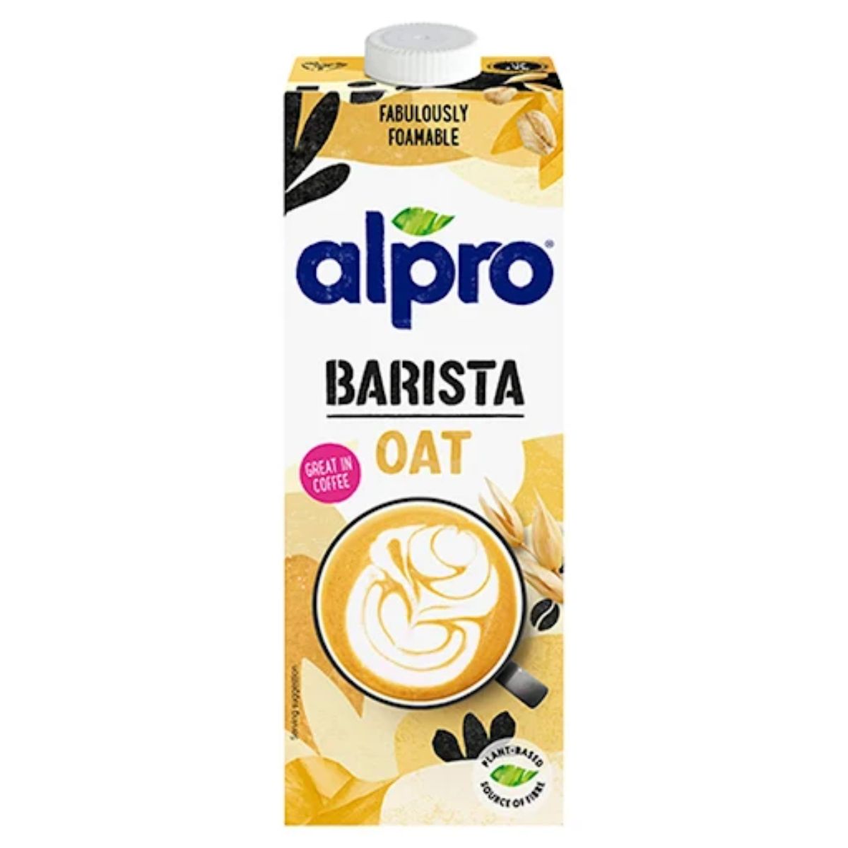 Alpro - Barista Oat Milk Long Life Drink - 1L is a vegan oat milk crafted for coffee lovers. Its mostly white carton features yellow accents, plant motifs, and latte art—a tasty plant-based milk alternative. Alpro - Barista Oat Milk Long Life Drink - 1L is a vegan oat milk crafted for coffee lovers. Its mostly white carton features yellow accents, plant motifs, and latte art—a tasty plant-based milk alternative.