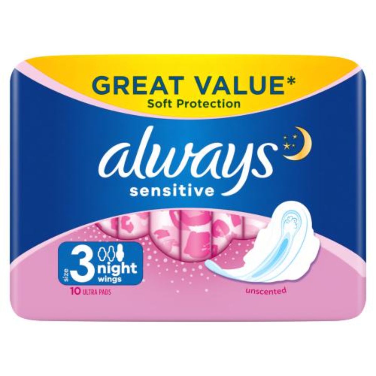Great value Always - Sensitive Night Ultra (Size 3) Sanitary Towels Wings - 10 Pads. Great value Always - Sensitive Night Ultra (Size 3) Sanitary Towels Wings - 10 Pads.