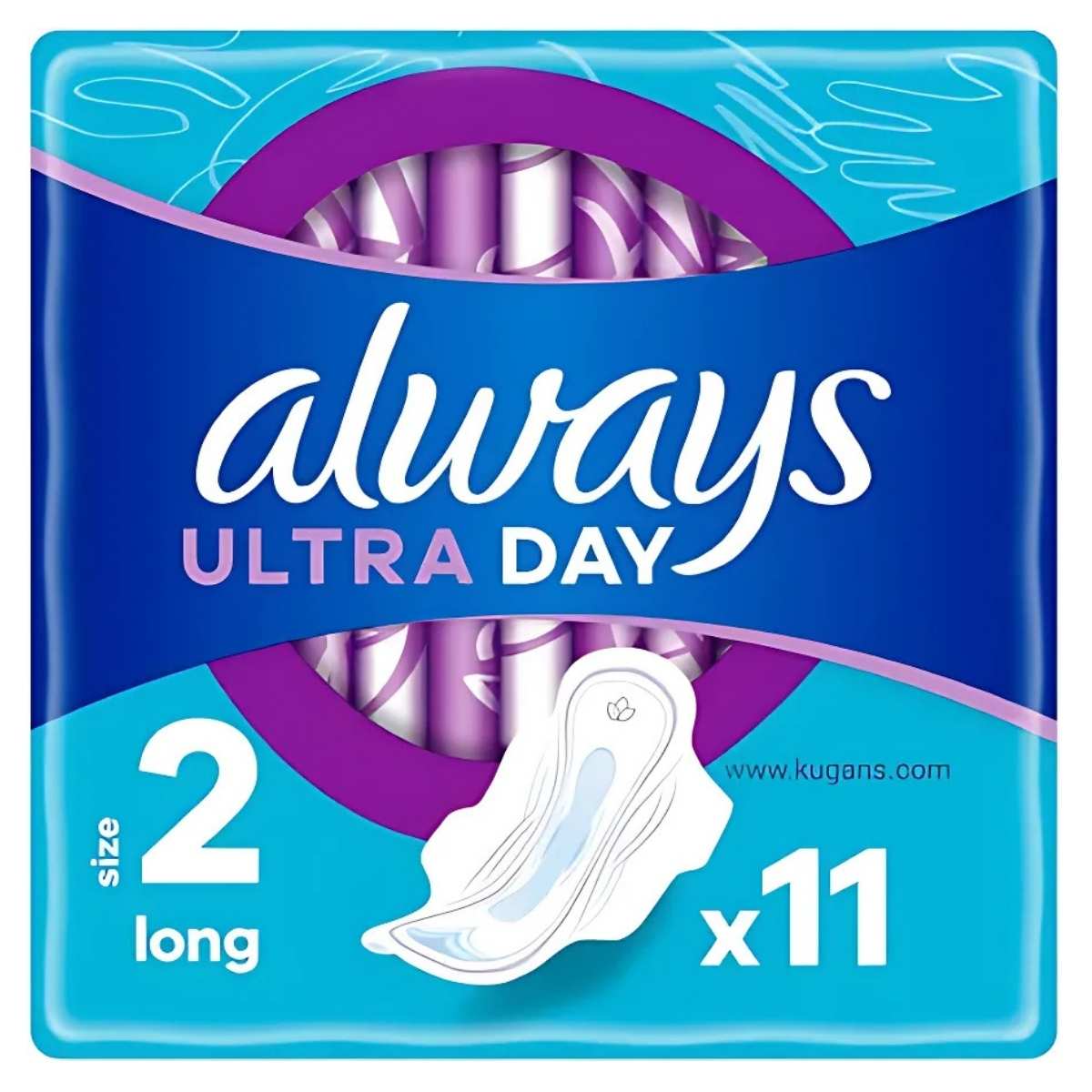 Always Ultra Day Long Wings by Always offers all-day protection with 11 pads per pack. The blue and purple pack features a pad illustration on the front. Always Ultra Day Long Wings by Always offers all-day protection with 11 pads per pack. The blue and purple pack features a pad illustration on the front.