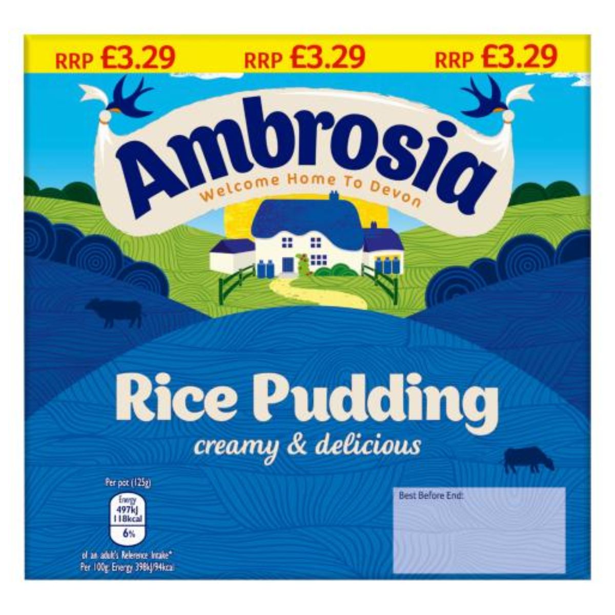 A box of Ambrosia - Rice Pudding - 4 x 125g.