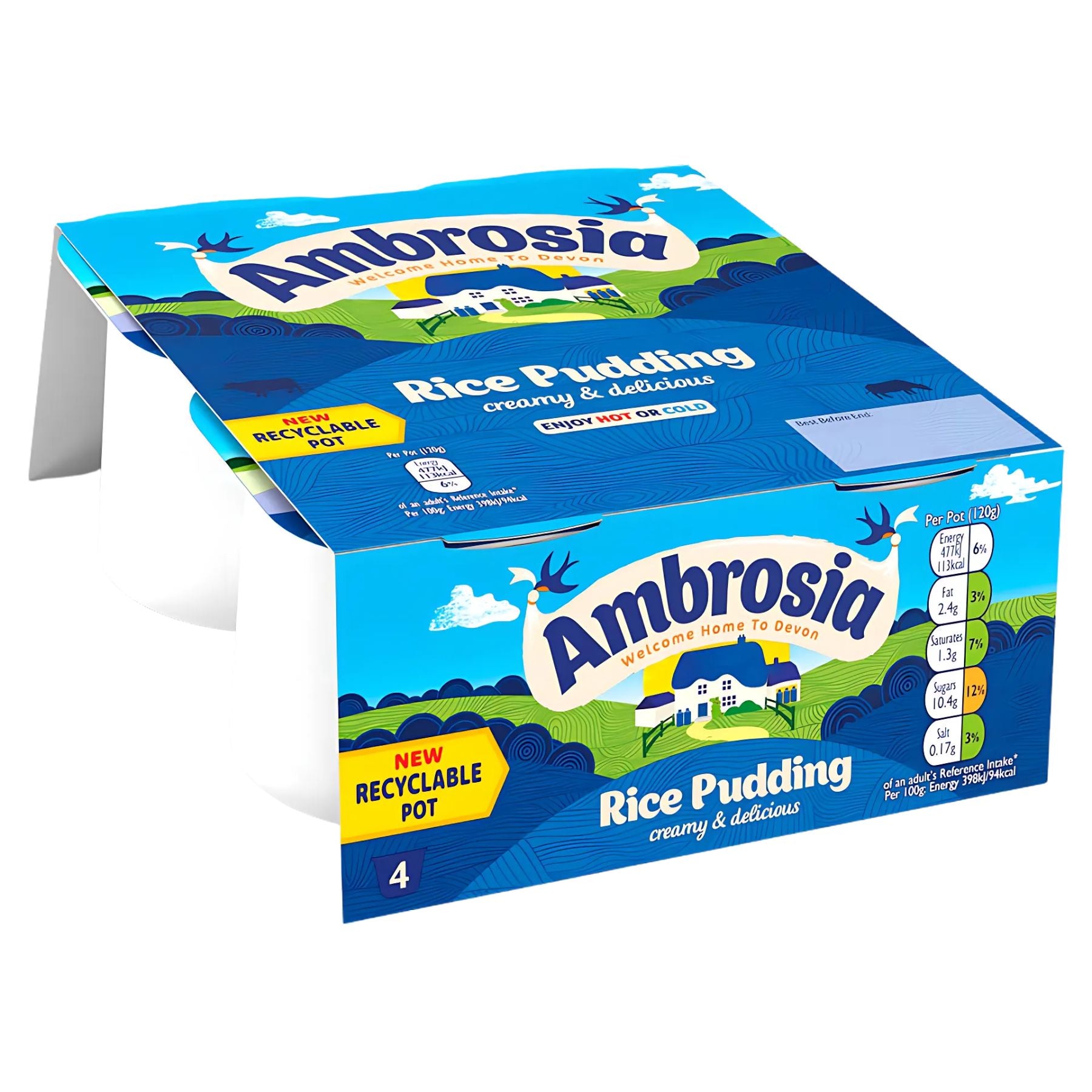 A 4-pack of Ambrosia Rice Pudding (4 x 120g) in blue packaging, marked "creamy & delicious" with nutrition info and "new recyclable pot" highlighted on the box. A 4-pack of Ambrosia Rice Pudding (4 x 120g) in blue packaging, marked "creamy & delicious" with nutrition info and "new recyclable pot" highlighted on the box.