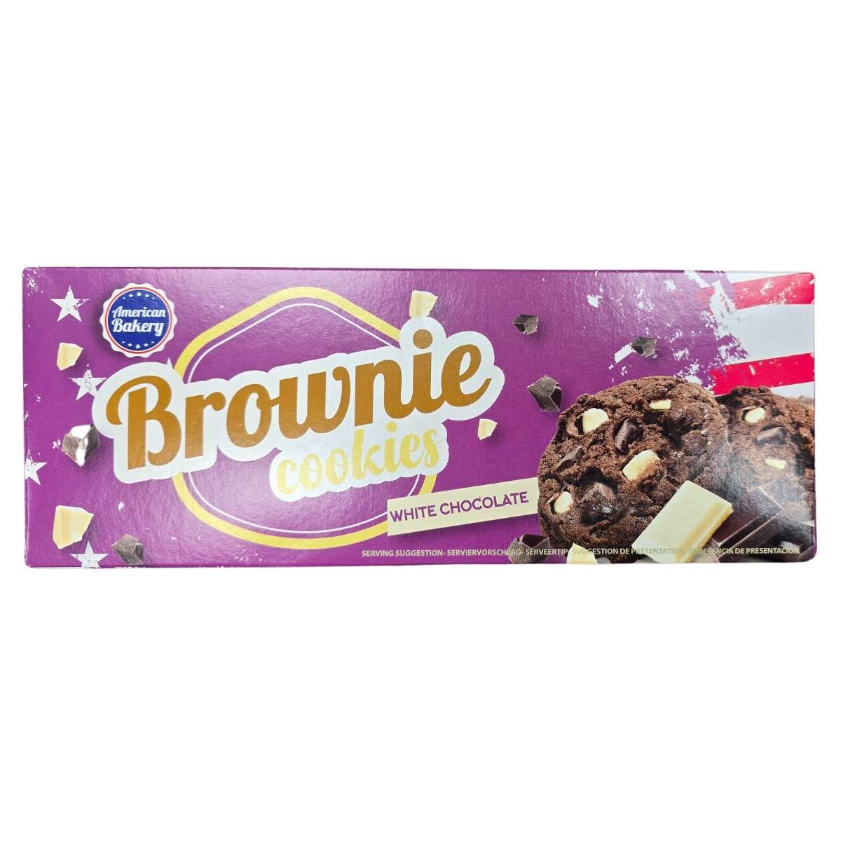 The purple packaging of American Bakery - Brownie Cookies White Chocolate - 106g features images of cookies and white chocolate pieces, emphasizing the high-quality ingredients. The purple packaging of American Bakery - Brownie Cookies White Chocolate - 106g features images of cookies and white chocolate pieces, emphasizing the high-quality ingredients.