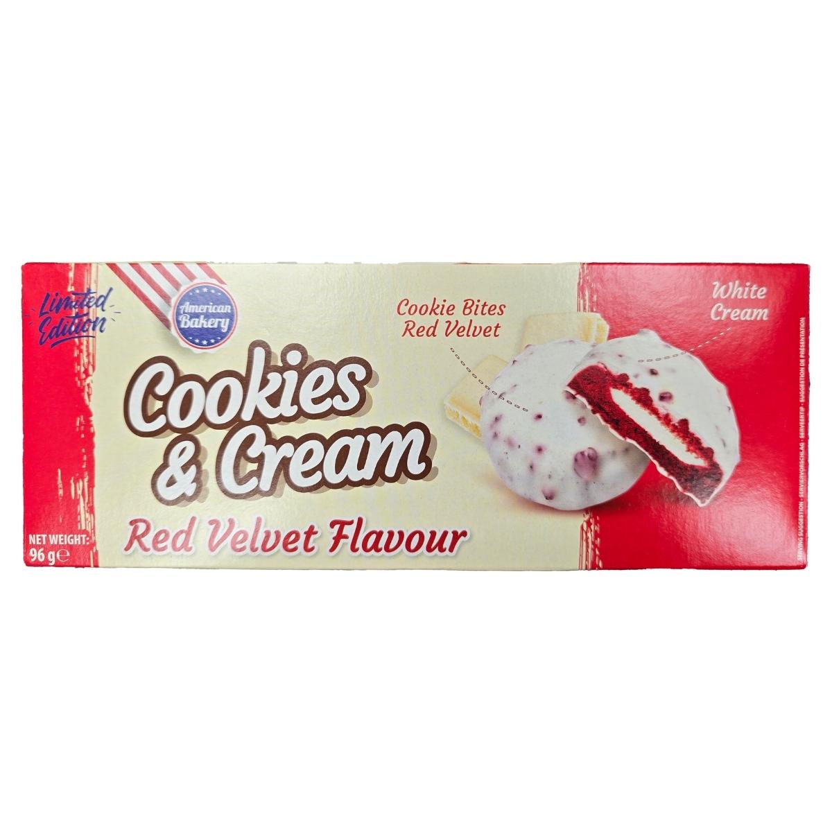American Bakery - Cookies And Cream Red Velvet Flavour - 96g" features enticing cookie bites with luscious white cream. American Bakery - Cookies And Cream Red Velvet Flavour - 96g" features enticing cookie bites with luscious white cream.