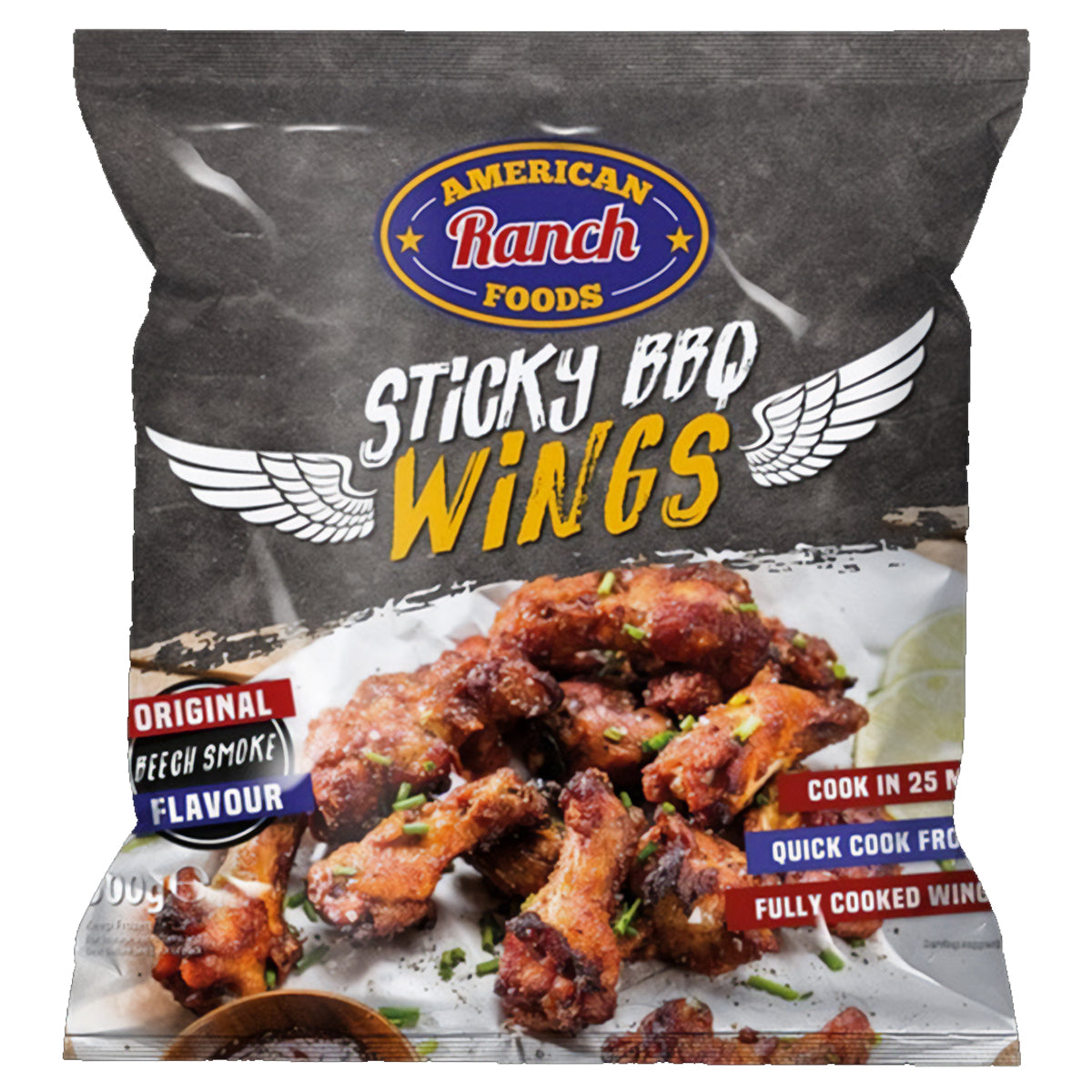 A bag of American Ranch Foods - Sticky BBQ Wings - 500g. A bag of American Ranch Foods - Sticky BBQ Wings - 500g.