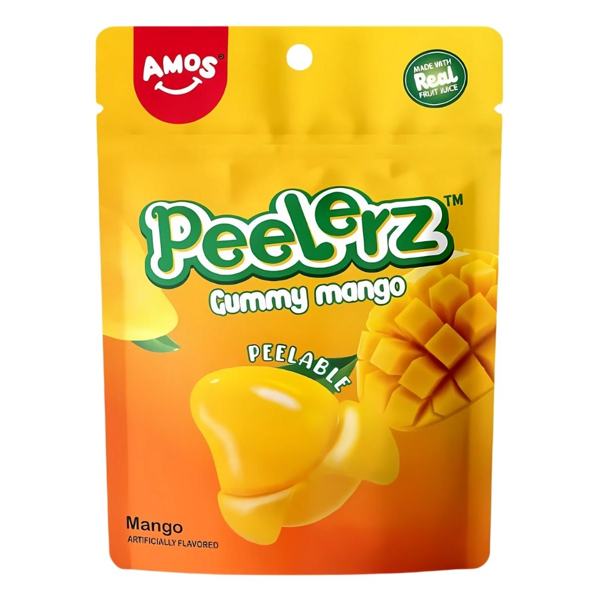 A yellow pouch of Amos - Peelerz Gummy Mangoes - 65g, showcasing peeled and cut mango images, labeled as peelable and made with real fruit juice—ideal for snack time. A yellow pouch of Amos - Peelerz Gummy Mangoes - 65g, showcasing peeled and cut mango images, labeled as peelable and made with real fruit juice—ideal for snack time.