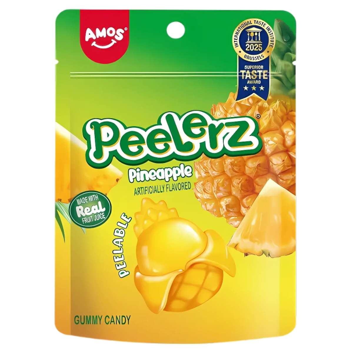Amos - Peelerz Gummy Pineapple 65g features peelable gummies with real fruit juice, pineapple flavors, and vibrant green-yellow packaging—perfect for snacking. Amos - Peelerz Gummy Pineapple 65g features peelable gummies with real fruit juice, pineapple flavors, and vibrant green-yellow packaging—perfect for snacking.