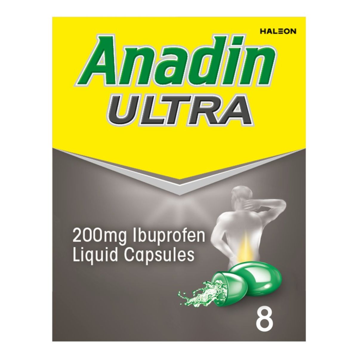 Package of Anadin Ultra - Ibuprofen Pain Relief Liquid Capsules - 8pcs, featuring image of a man holding his head on the front. Package of Anadin Ultra - Ibuprofen Pain Relief Liquid Capsules - 8pcs, featuring image of a man holding his head on the front.