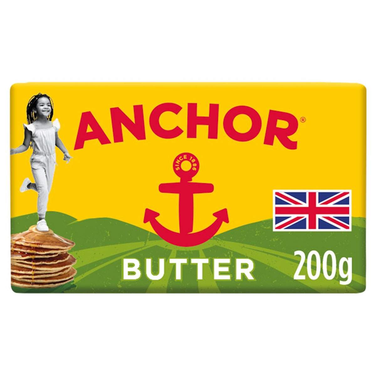 An Anchor - Salted Butter - 200g bar with an image of a girl and a British flag.