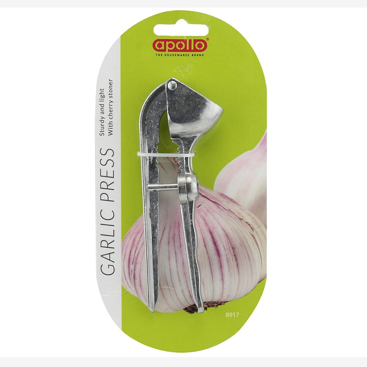 The Apollo - Garlic Press features sturdy design and comes packaged with a green background adorned with garlic illustrations, making it an essential tool for every kitchen. The brand name "Apollo" is prominently displayed on top. The Apollo - Garlic Press features sturdy design and comes packaged with a green background adorned with garlic illustrations, making it an essential tool for every kitchen. The brand name "Apollo" is prominently displayed on top.