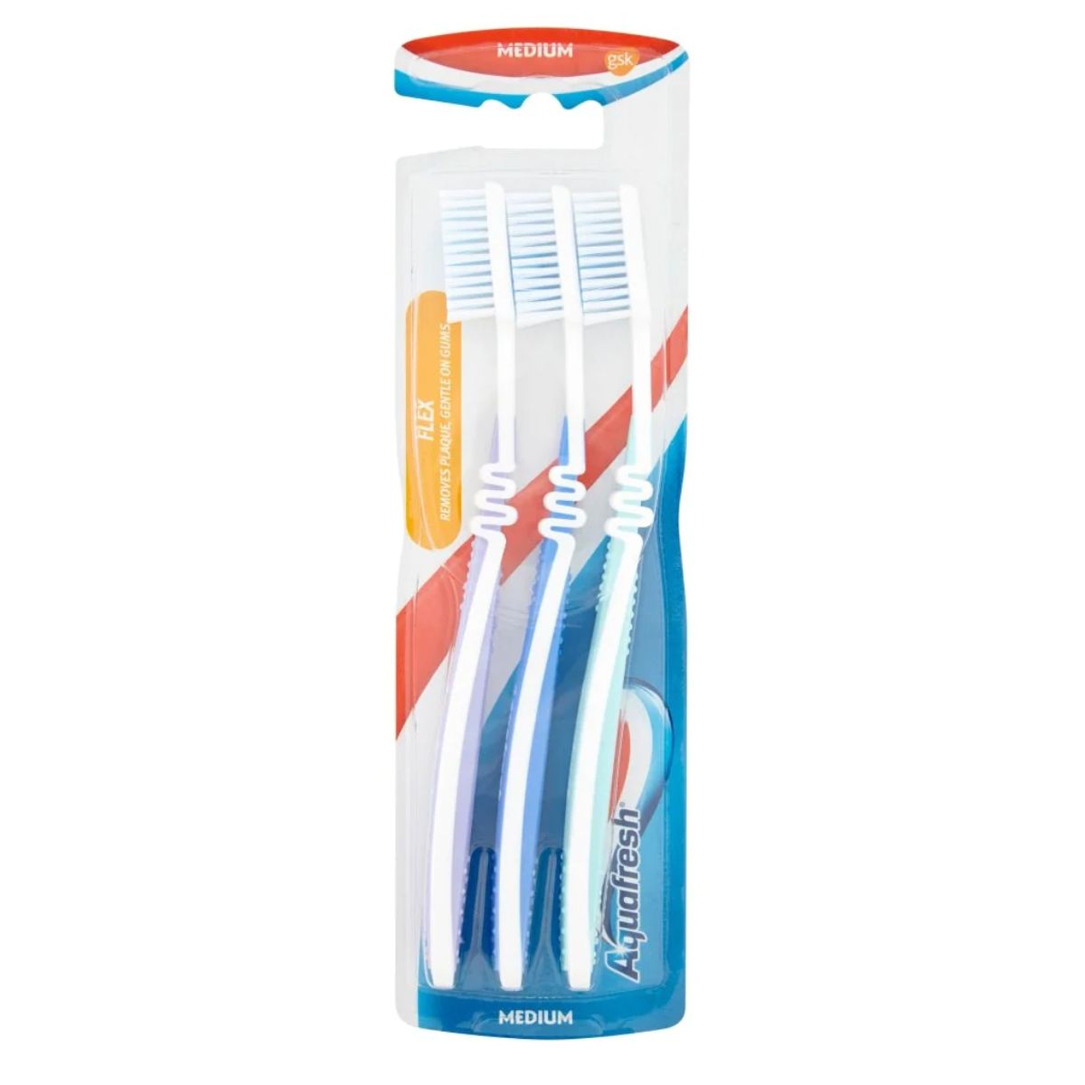 A pack of three Aquafresh toothbrushes in a package.