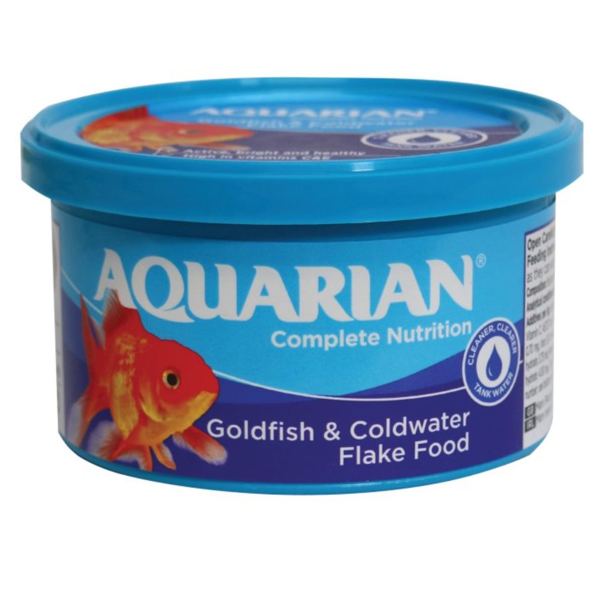 Container of Aquarian Goldfish Food Flakes with a blue lid, featuring an image of a goldfish on the label.