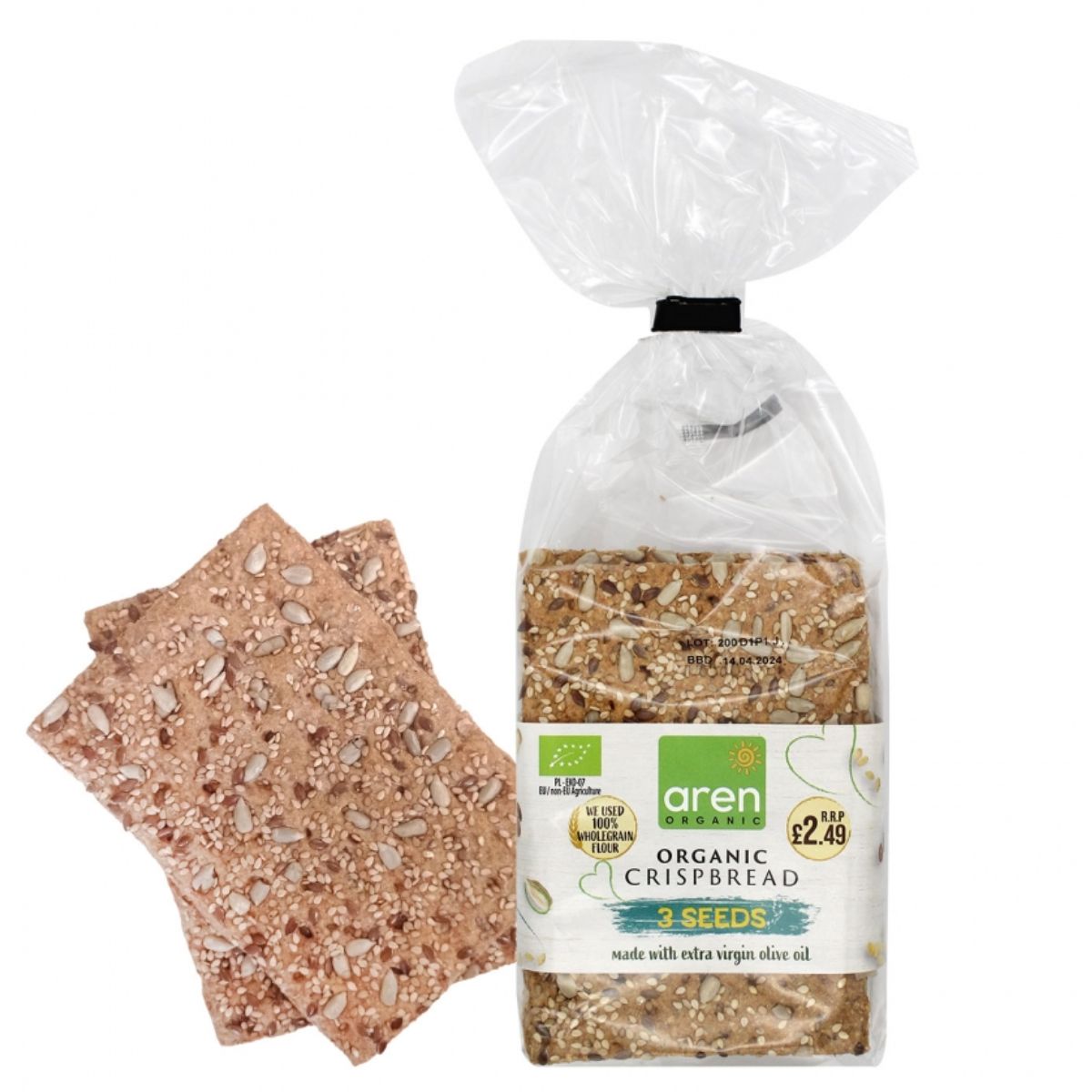 A bag of Aren - Organic-Crispbread 3 Seeds -200g next to a bag of oats.
