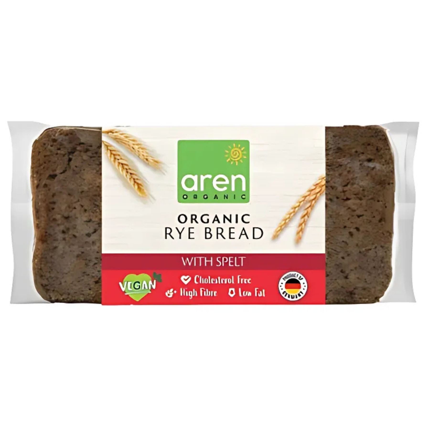 Aren - Organic Rye Bread With Spelt (500g) is vegan, cholesterol-free, high in fiber, low in fat, and displays a German flag on the front. Aren - Organic Rye Bread With Spelt (500g) is vegan, cholesterol-free, high in fiber, low in fat, and displays a German flag on the front.