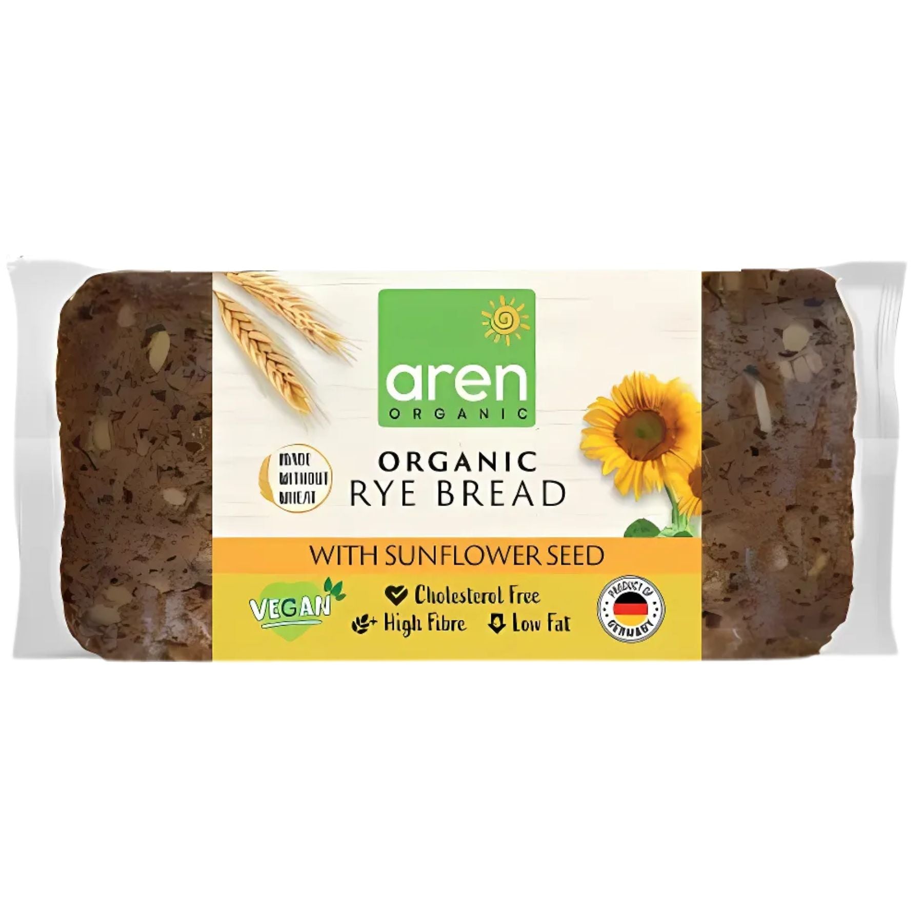 Aren - Organic Rye Bread With Sunflower Seed 500g: Vegan, cholesterol free, high fibre, low fat. Packaging features images of wheat and sunflower. Aren - Organic Rye Bread With Sunflower Seed 500g: Vegan, cholesterol free, high fibre, low fat. Packaging features images of wheat and sunflower.