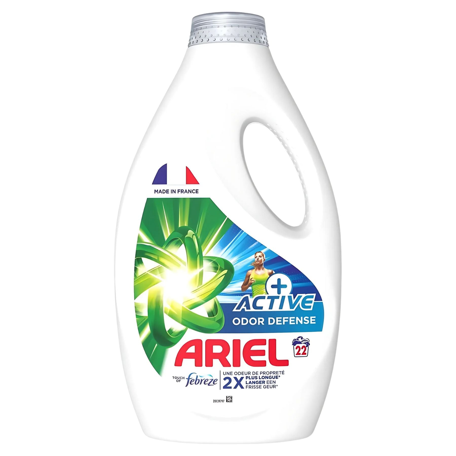 Ariel Active+ Odor Defense Liquid Laundry Detergent (990ml, 22 washes) comes in a white bottle with French flag colors and a green swirl, offering powerful odor neutralization. Ariel Active+ Odor Defense Liquid Laundry Detergent (990ml, 22 washes) comes in a white bottle with French flag colors and a green swirl, offering powerful odor neutralization.