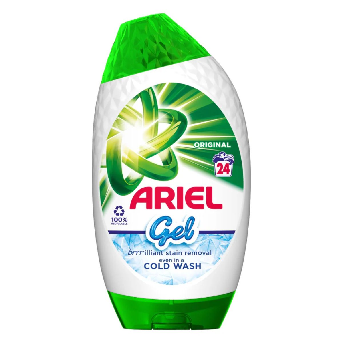 A bottle of Ariel - Original Washing Gel - 840ml with graphics emphasizing its effectiveness in cold washes.