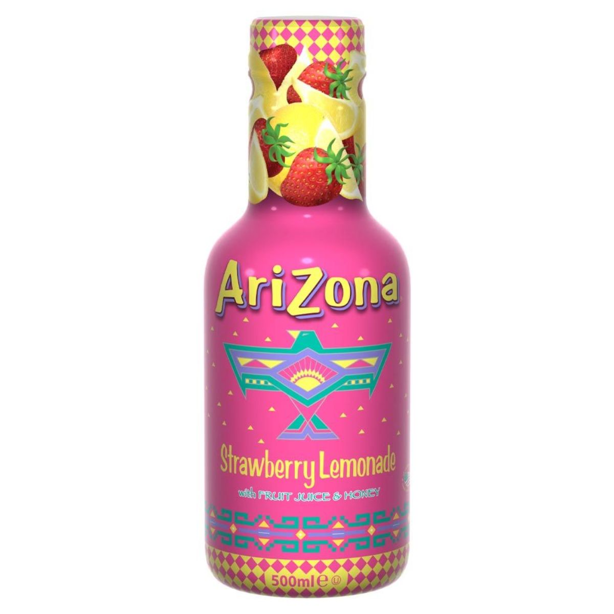 A bottle of Arizona - Strawberry Lemonade Juice & Honey - 500ml. A bottle of Arizona - Strawberry Lemonade Juice & Honey - 500ml.