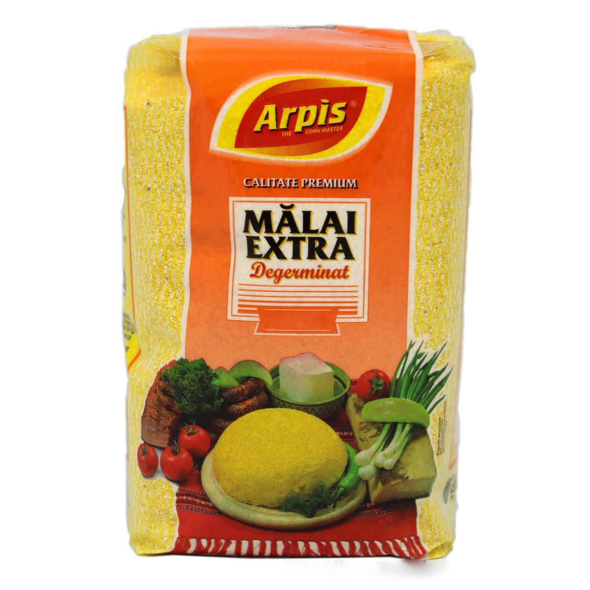 A package of Arpis - Malai Extra - 1kg cornmeal, featuring images of corn and vegetables on the label.
