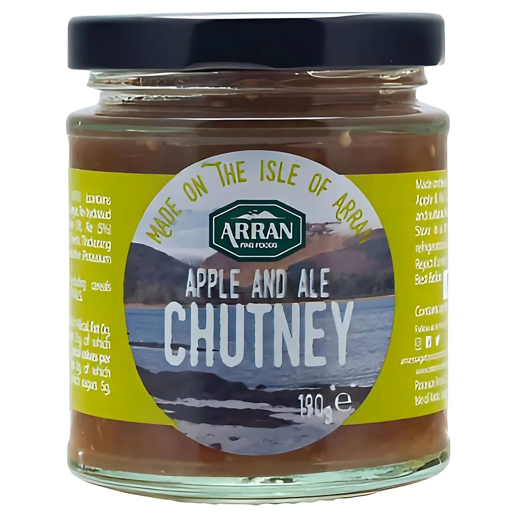 Arran - Apple & Ale Chutney - 190g comes in a glass jar with a yellow "Made on the Isle of Arran" label and a lake image. This savoury chutney is an ideal cheese condiment. Net weight: 190g. Arran - Apple & Ale Chutney - 190g comes in a glass jar with a yellow "Made on the Isle of Arran" label and a lake image. This savoury chutney is an ideal cheese condiment. Net weight: 190g.