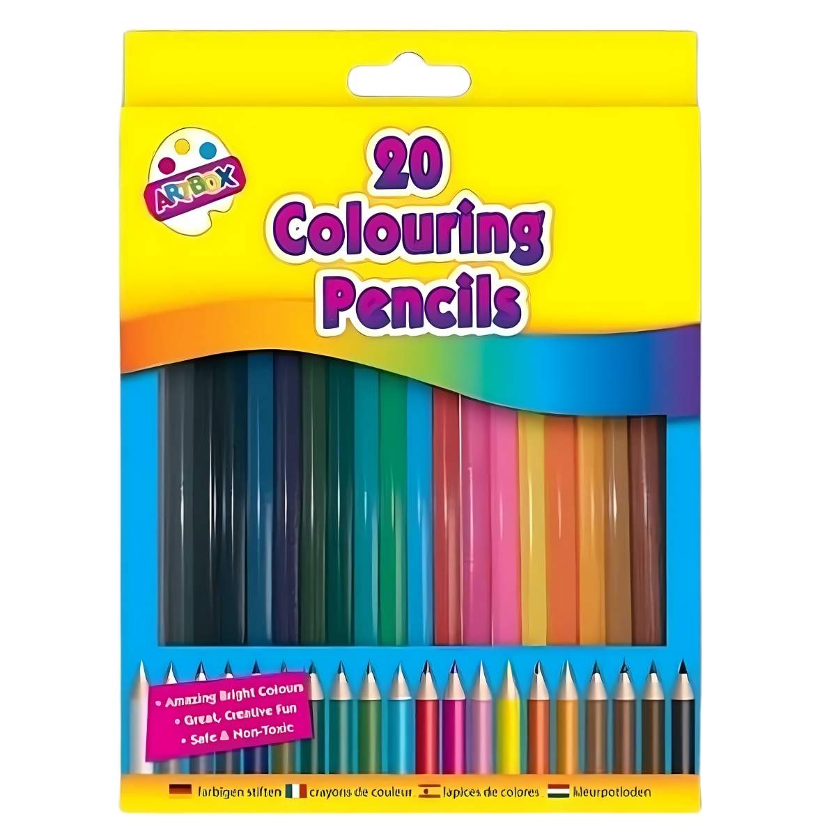 Unleash creativity with Artbox - Colouring Pencils 20 Pack, featuring vibrant shades in a bright yellow and blue box. Unleash creativity with Artbox - Colouring Pencils 20 Pack, featuring vibrant shades in a bright yellow and blue box.