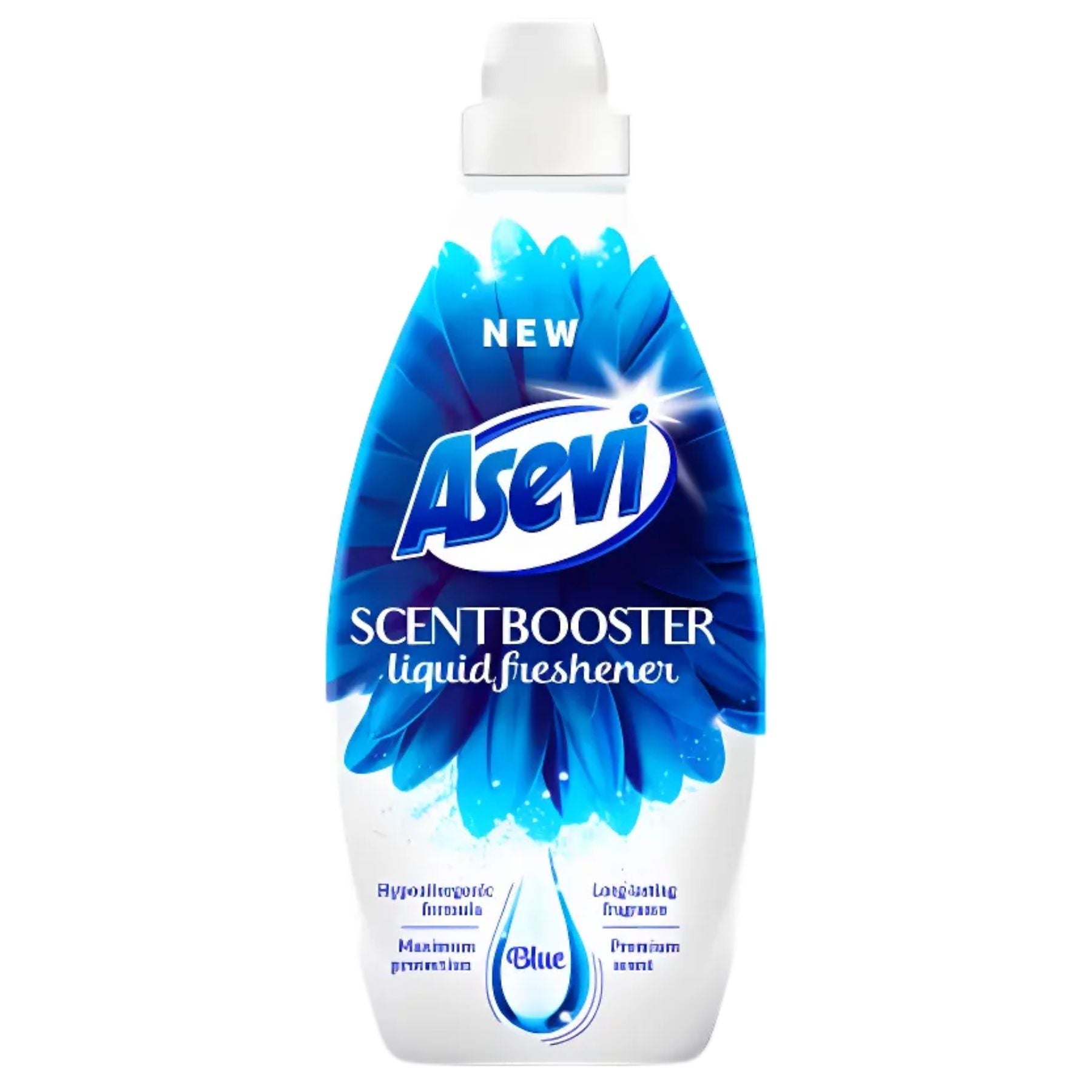 Asevi Blue Scent Booster Liquid Freshener, 720ml for 36 washes, offers a hypoallergenic formula and premium long-lasting fragrance, in a bottle with blue and white labeling. Asevi Blue Scent Booster Liquid Freshener, 720ml for 36 washes, offers a hypoallergenic formula and premium long-lasting fragrance, in a bottle with blue and white labeling.