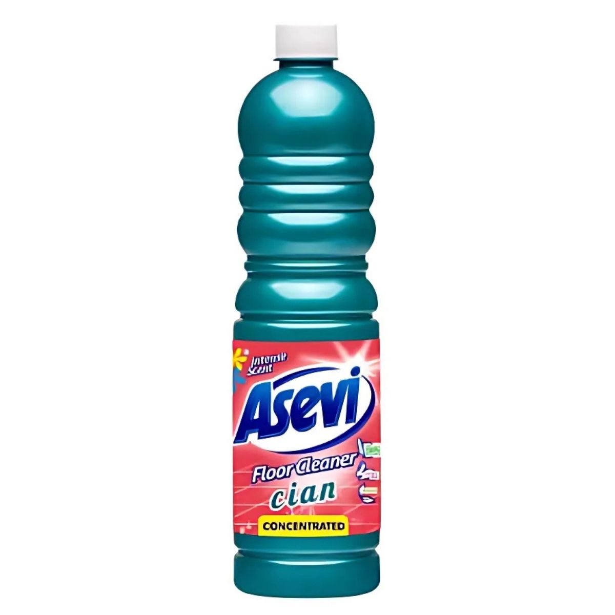 A bottle of Asevi - Floor Cleaner Cian - 1L, adorned with a vibrant home-inspired design, featuring a blue cap and red label highlighting the product name and its "cian" concentrate for sparkling floors. A bottle of Asevi - Floor Cleaner Cian - 1L, adorned with a vibrant home-inspired design, featuring a blue cap and red label highlighting the product name and its "cian" concentrate for sparkling floors.